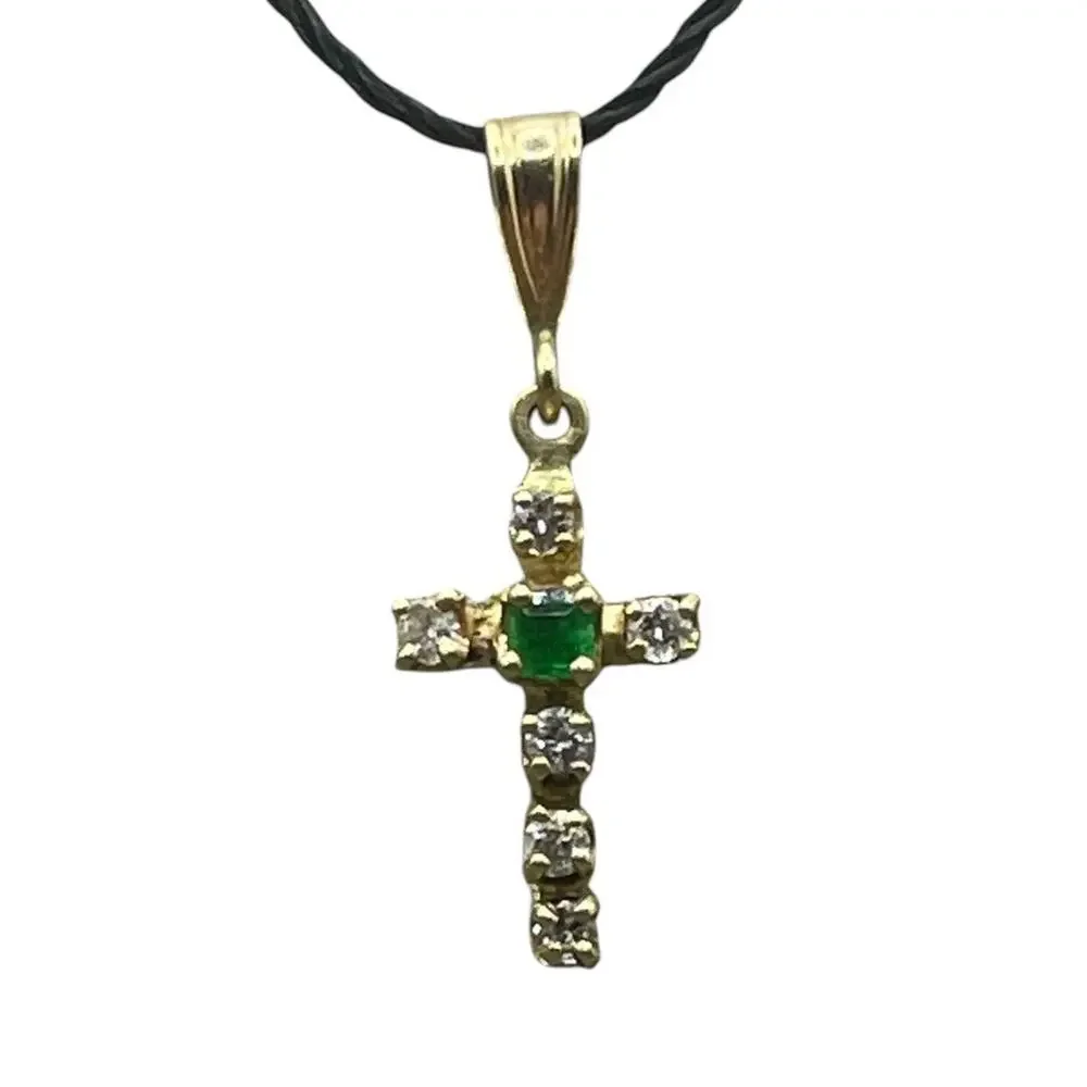 14K Yellow Gold Diamond & Green Stone Mini Cross Charm Pendant (26421)